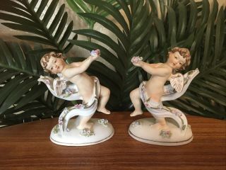 Vintage Set Of Two Lefton Hand - Painted Angel Cherub Porcelain Figurines