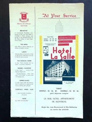 1941 Hotel De La Salle Vintage Menu,  Drink List Montreal,  Canada French - Canadian