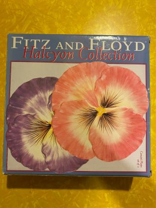 Fitz & Floyd Set 2 Pink & Purple Halcyon Pansy Shaped Snack Plates Canape