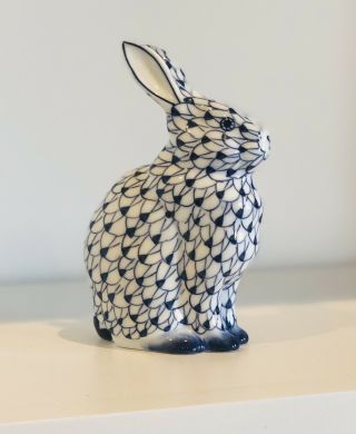 Andrea By Sadek Blue White Hand - Painted Bunny Rabbit Fishnet Pattern Spring