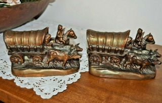 Antique Vintage Bronze Bookends By Dodge Western Theme Covered Wagons Oxen