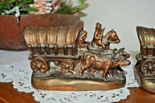 Antique Vintage Bronze Bookends By Dodge Western Theme Covered Wagons Oxen 2