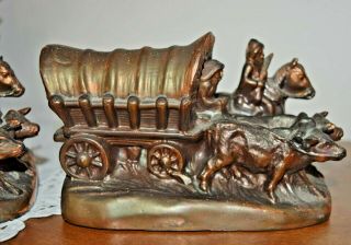 Antique Vintage Bronze Bookends By Dodge Western Theme Covered Wagons Oxen 3