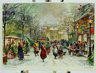 A.  Salomone Christmas Shopping Snowy Victorian Street Vintage Card Front Only
