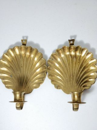 Vintage Art Deco Heavy Brass Scallop Shell Candle Wall Sconce Pair India