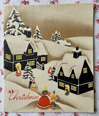 Vintage 1930s Christmas Snow Village Townspeople Art Deco Greeting Card