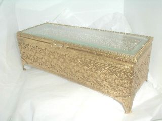 Vintage Elegant Long Casket Gold Filigree Jewelry Box With Glass Hinged Lid See