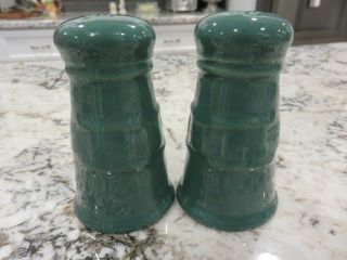 Longaberger Woven Traditions Pottery Salt & Pepper Shakers 3 7/8 " Ivy Green Euc
