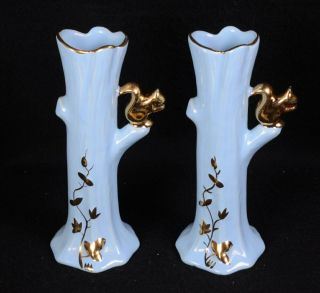(2) Vintage Gold Squirrel & Detailing On Blue Tree 80 Porcelain Bud Vase 8 " H