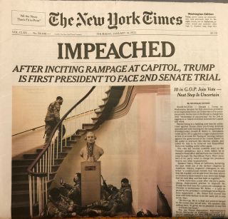 The Nyt York Times Newspaper January 14,  2021,  Trump Impeached