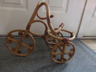 Vintage Bamboo Tricycle Bike Planter Wicker Rattan Plant Stand Boho
