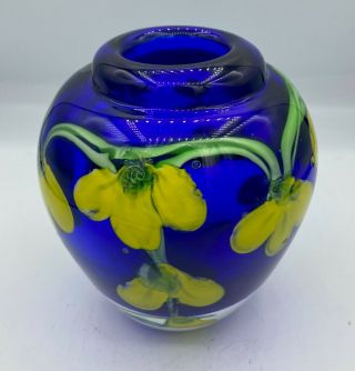 Fratelli Toso Italian Art Glass Cobalt Blue Vase Yellow Vine Flowers Very Heavy