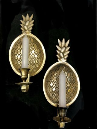 Set Of 2 Vintage Brass Pineapple Wall Sconce Candle Holders 11 "