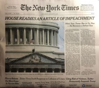 The Nyt York Times Newspaper January 9 2021,  House Readies Impeachment Trump