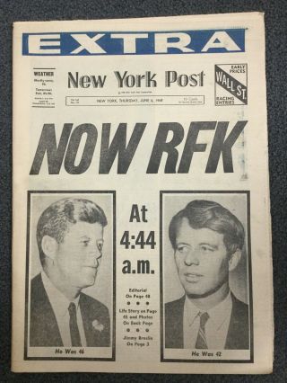 Senator Robert Kennedy Assassination - June 6,  1968 York Post Newspaper