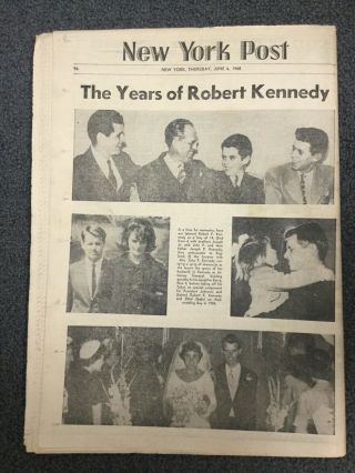 Senator Robert Kennedy Assassination - June 6,  1968 York Post Newspaper 2