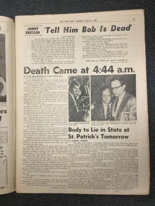 Senator Robert Kennedy Assassination - June 6,  1968 York Post Newspaper 3