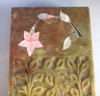 Hand Carved Soapstone Trinket Box w Inlaid Stone,  Shell,  Mother of Pearl 2
