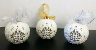 Set Of 3 - Lenox Style Jeweled Porcelain Christmas Ornaments
