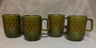 Vintage Ceramic Green Set Of 4 Mugs Orange Floral Pattern {made In Romania}