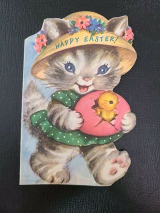 Vtg Rust Craft Easter Greeting Card Kitten Cat Cracked Egg Chick Diecut 50s