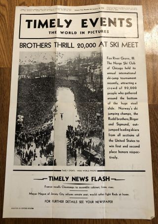 Vintage 1938 Timely Events Newspaper Poster Chicago Norge Ski Club Ski Jumping