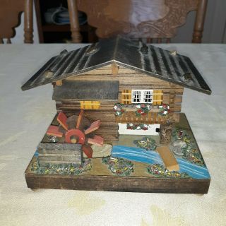 Vintage Reuge Wood Chalet With Water Wheel Music Box,  Plays Edelweiss