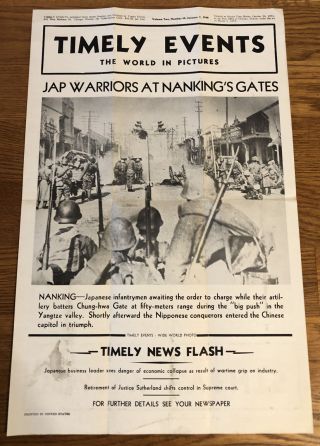1938 Timely Events Newspaper Poster Battle Of Nanking China Sino - Japanese War