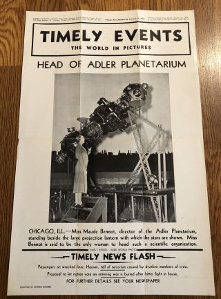 Vintage 1938 Timely Events Newspaper Poster Adler Planetarium Projection Lantern