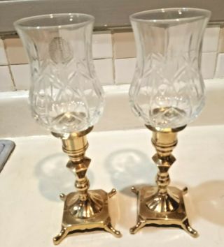 Set Of 2 Footed Square Base Solid Brass Candle Holders W/votives India