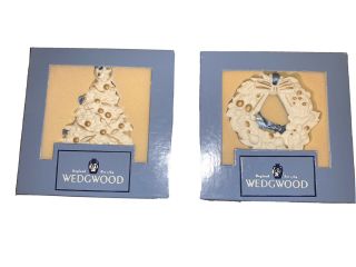 Set Of 2 White And Gold Wedgewood Christmas Ornaments,  Christmas Tree And Wreath