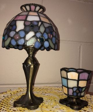 Partylite Hydrangea Tiffany Style Stained Glass Tea Light Candle Lamp And Votive