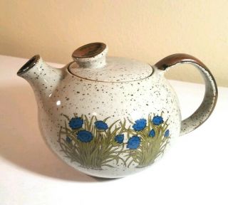 Takahashi Speckled Stoneware Grey Blue Flowers Floral Round Tea Pot