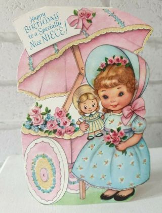 Vintage 1950s Girl Doll Umbrella Birthday Greeting Card Eb1020