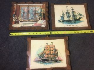 Nautical Wall Art Wood Boards 3 Vint.  Prints Sailing Ships Old Ironsides Whaler