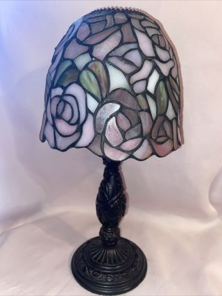 Partylite Rose Tiffany Style Stained Glass Tea Light Candle Lamp 13.  25” Ornate