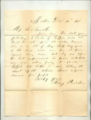 1858 Letter Henry Poor & Son Boston To L Shaw Cummington Ma Re Buffalo Hides