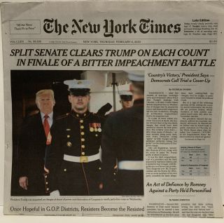 The York Times Thursday February 6,  2020 Newspaper.  Trump Acquitted.