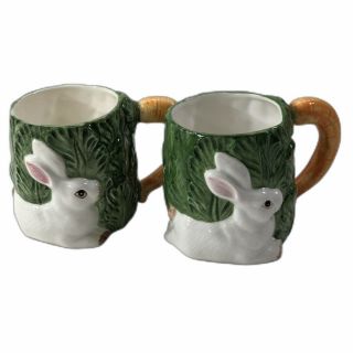 1987 Omnibus Fitz & Floyd Bunny Rabbit Carrot Handle Coffee Mug Cups Set Of 2