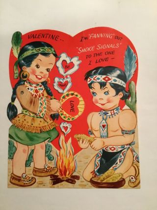 Vintage 1950’s Large Mechanical Valentine’s Day Card Indian Boy & Girl Arm Moves