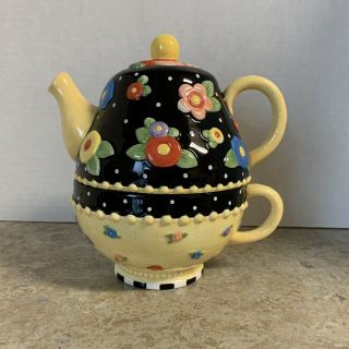 Mary Engelbreit Tea For One Teapot Flaw Black Flower Yellow Dot