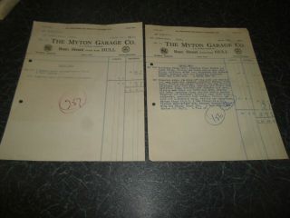 2 Old Invoices The Myton Garage Co,  Bean Street,  Hull Dated 1952 §cb15