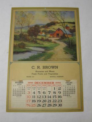 1950 C R Brown Grocery Store Bristol Vt Paper Wall Calendar Old Vtg