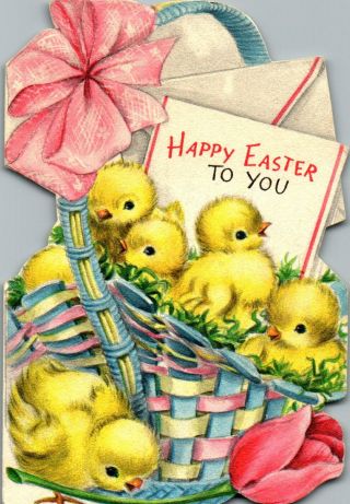 Pink Blue Easter Basket Peeps Chicks Tulip Vtg Christmas Greeting Card