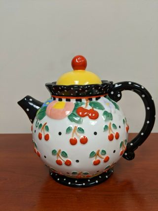 Mary Engelbreit 2000 Cherries Polka Dots And Flower Blossom Tea Pot With Lid Fun