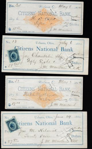 Old Bank Checks - 4 From 1882 - Citizens National Bank,  2 W/revenue Stamp 11419d