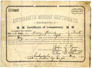 1902 Anthracite Coal Miner Certificate Of Competency Carbondale Pennsylvania