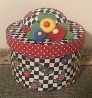 2001 Mary Engelbreit Flowers Sm Sewing Box With Pin Cushion Top Hat Lid Trinkets