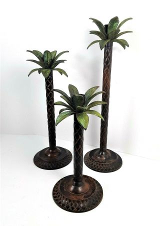 Brass Palm Tree Candle Stick Holders Set Of 3 - 17 ",  14 " & 11 "