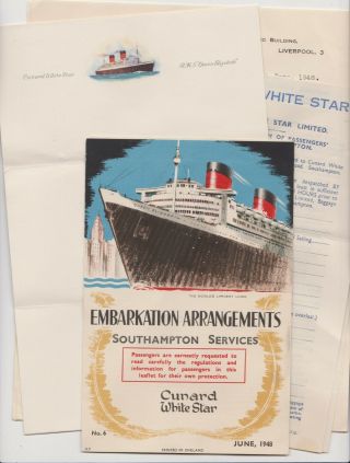 1948 Cunard R.  M.  S.  Queen Elizabeth Group Of 6 - Stationery Embarkation Rules &c